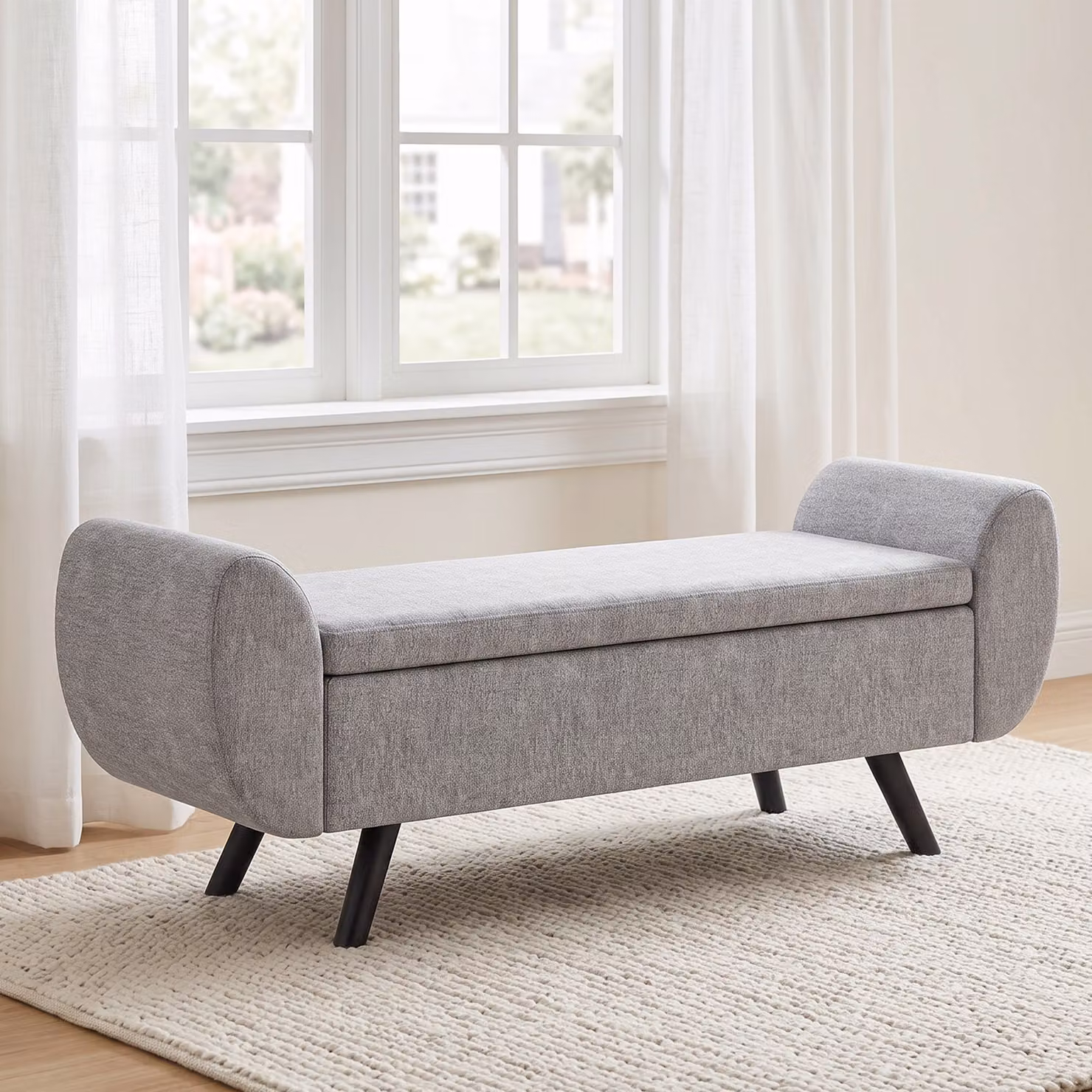 HOMCOM Upholstered Linen Storage Ottoman with Armrests and Rubberwood Legs in Dark Grey, W: 120 cm, D: 17 cm, H: 40 cm – 2