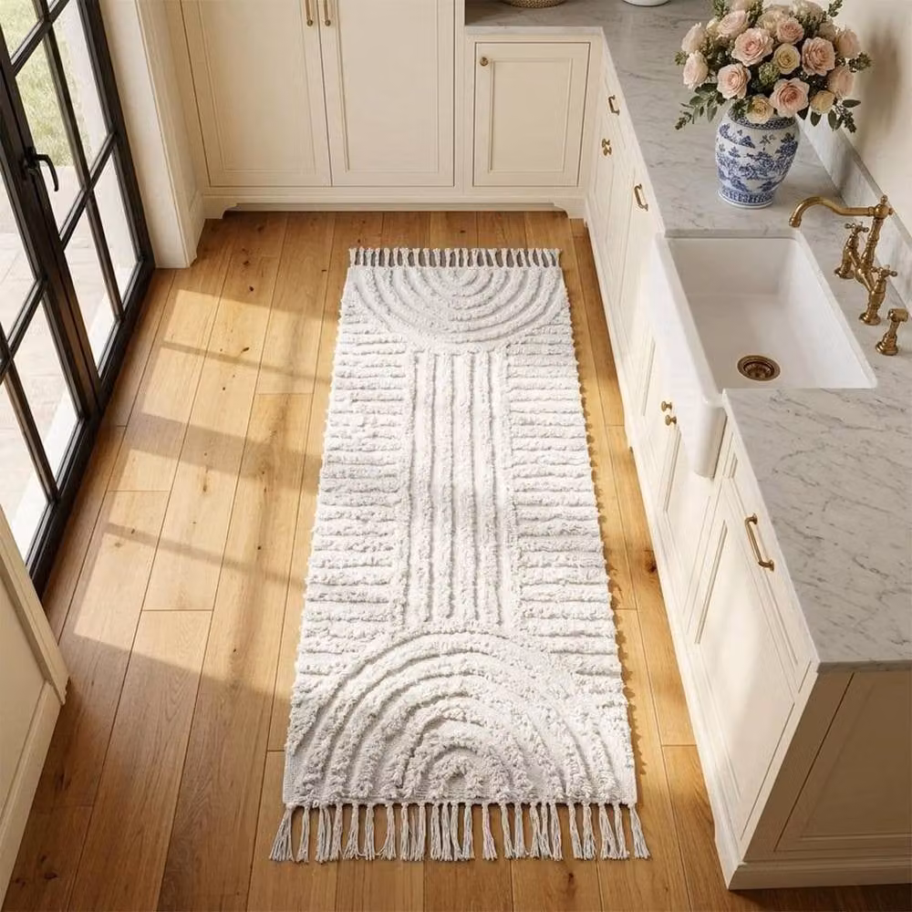 KORVIXA Bohemian Handwoven Cotton Linen Round Runner Rug with Fringes in Beige and White, Diameter: 100 cm – 3