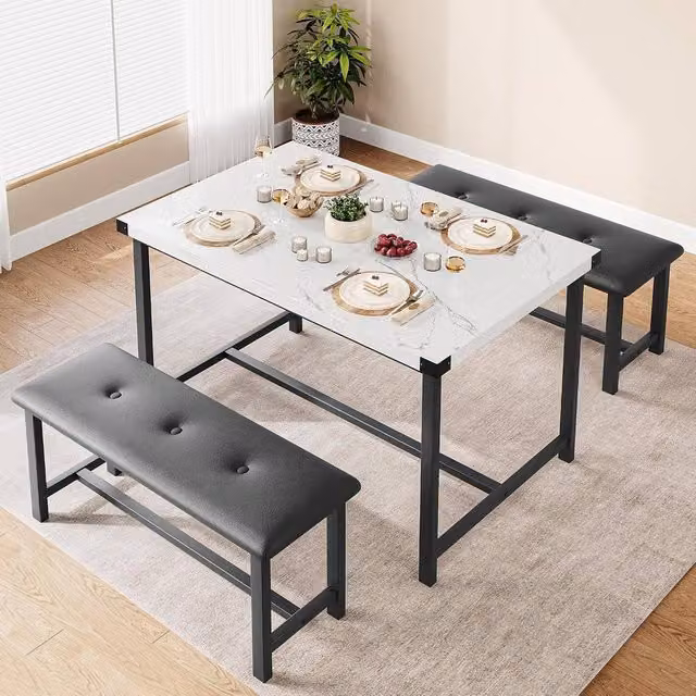 London Boutique 3-Piece Dining Set with Rectangular Table and 2 Upholstered Benches in White – 1
