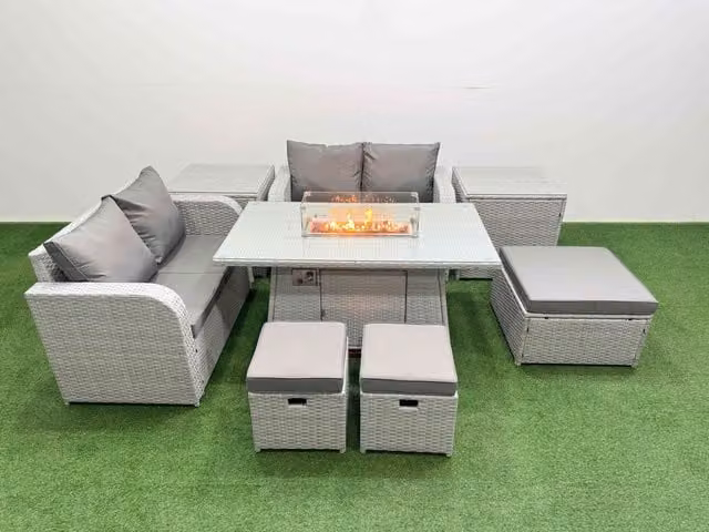Fimous 7 Seater Rattan Garden Furniture Set with Firepit Dining Table, 3 Footstools and 2 Side Tables in Light Grey