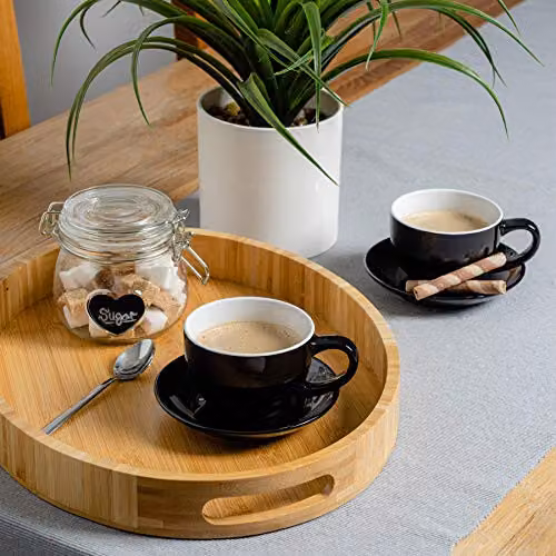 Argon Tableware Black Gloss Stoneware Cappuccino Cups and Saucers Set of 6, 250ml – 2