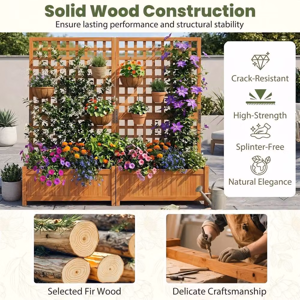 VOGREX Wooden Raised Planter with Trellis and Drainage in Brown, W: 143 cm, H: 76 cm, D: 32 cm – 4