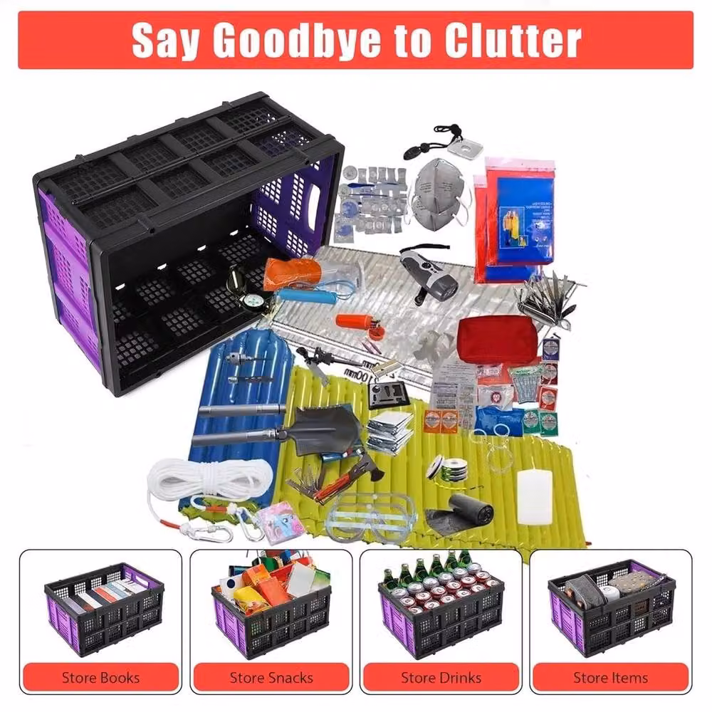 VOGREX Collapsible Plastic Slatted Crate, 55 l, Purple/Multicolour – 4