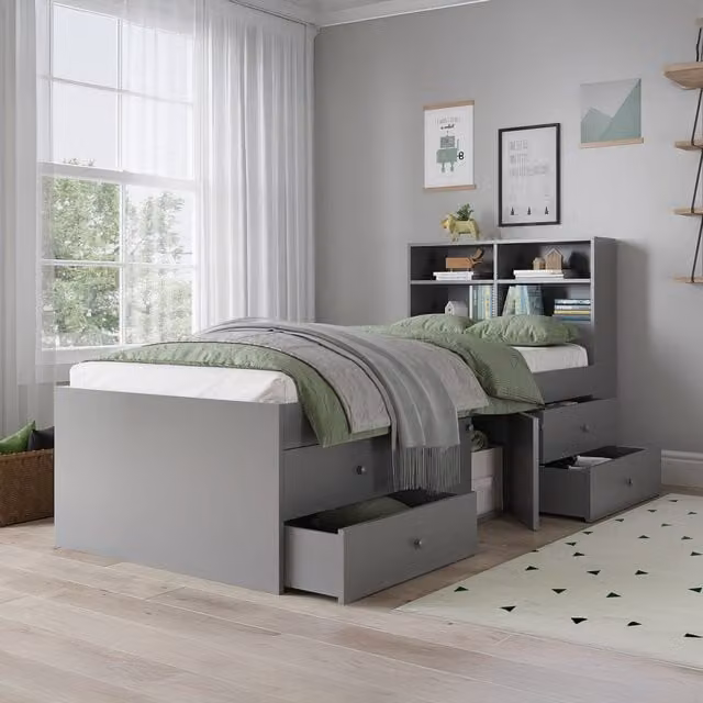 KIDSAW Single Storage Bed with Bookcase Headboard and Drawers in Grey, 90 x 190 cm