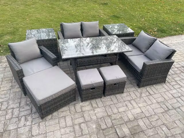 Fimous Outdoor Garden Dining Set in Dark Grey PE Rattan with Double Sofa, Dining Table, 2 Side Tables and 3 Footstools
