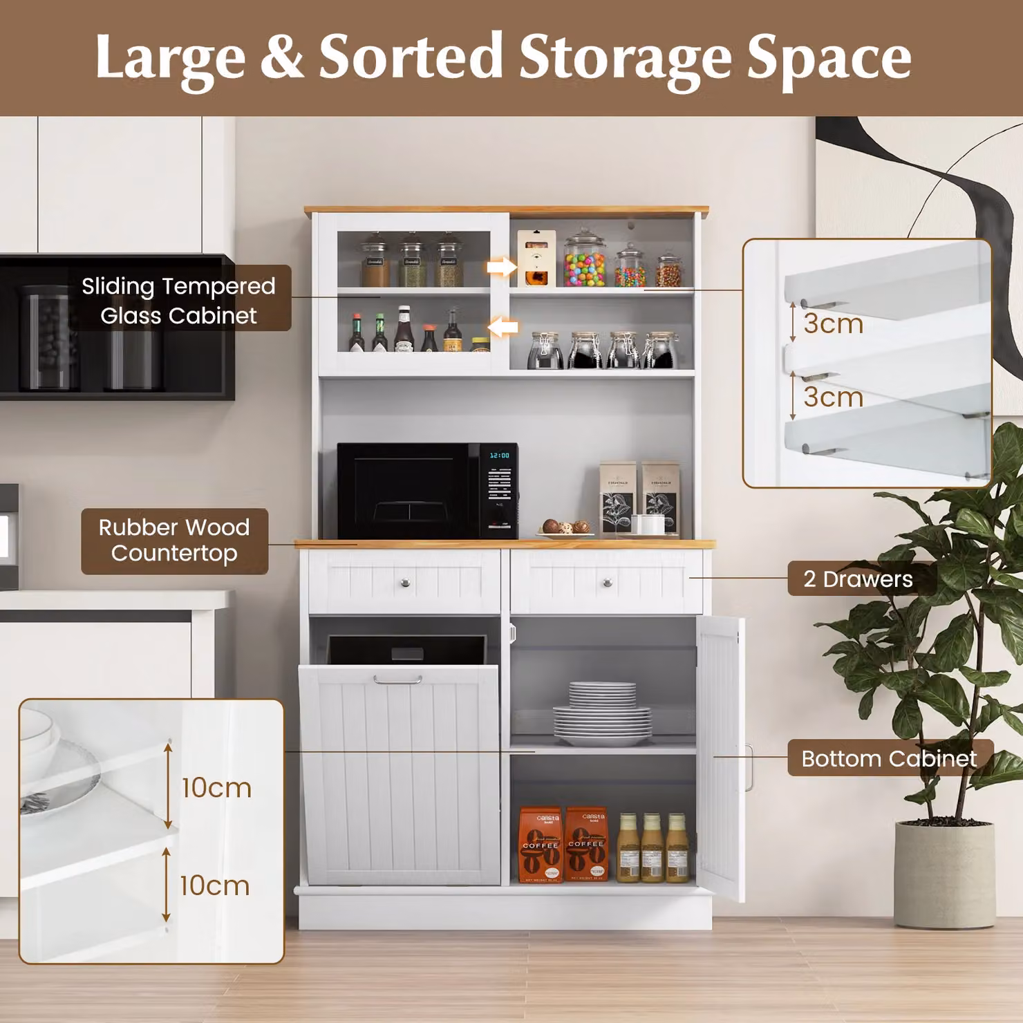 Gymax White Kitchen Pantry Cabinet with Tilt Out Trash Storage and Hutch Sideboard – 2