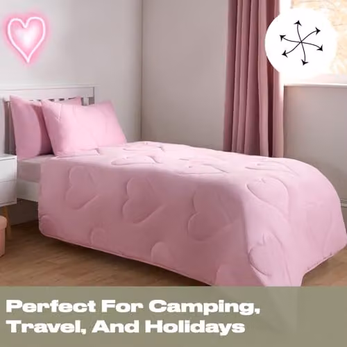 OHS Single Coverless Duvet and Pillowcase Set, 7.5 Tog, Pink Hearts, W/D/H: 135 x 200 cm – 2