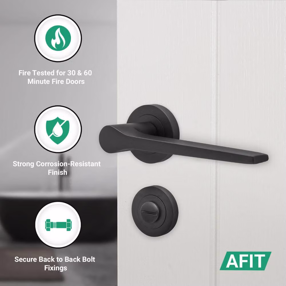 AFIT Matt Black Fire Door Handle and Bathroom Lock Set with Hinges, 1 Pack – 2