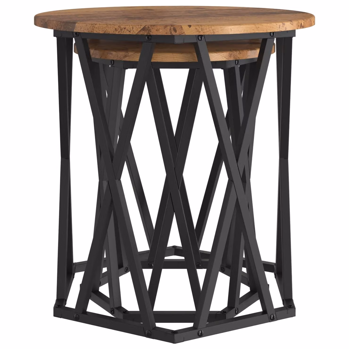 Berkfield Home Rustic Round Wood and Metal Nesting Tables with Geometric Inlays in Brown and Black – 3