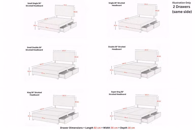 Sloomy Ashford Naples Divan Bed Set with 2 Same Side Drawers and 26 inch Strutted Headboard in Light Grey Velvet, Small Double, W/D/H: 120 x 200 cm