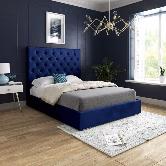 Castle Blue Velvet Chesterfield Upholstered Bed Frame, W/D/H: 140 x 200 cm