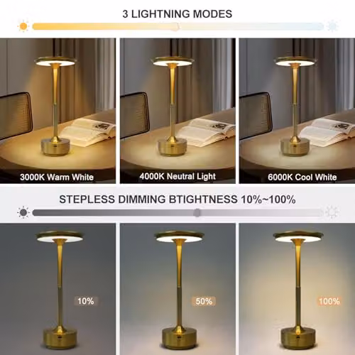 Harper Living Cordless Rechargeable LED Table Lamp, Dimmable and Colour Changing, Gold/Brass – 3
