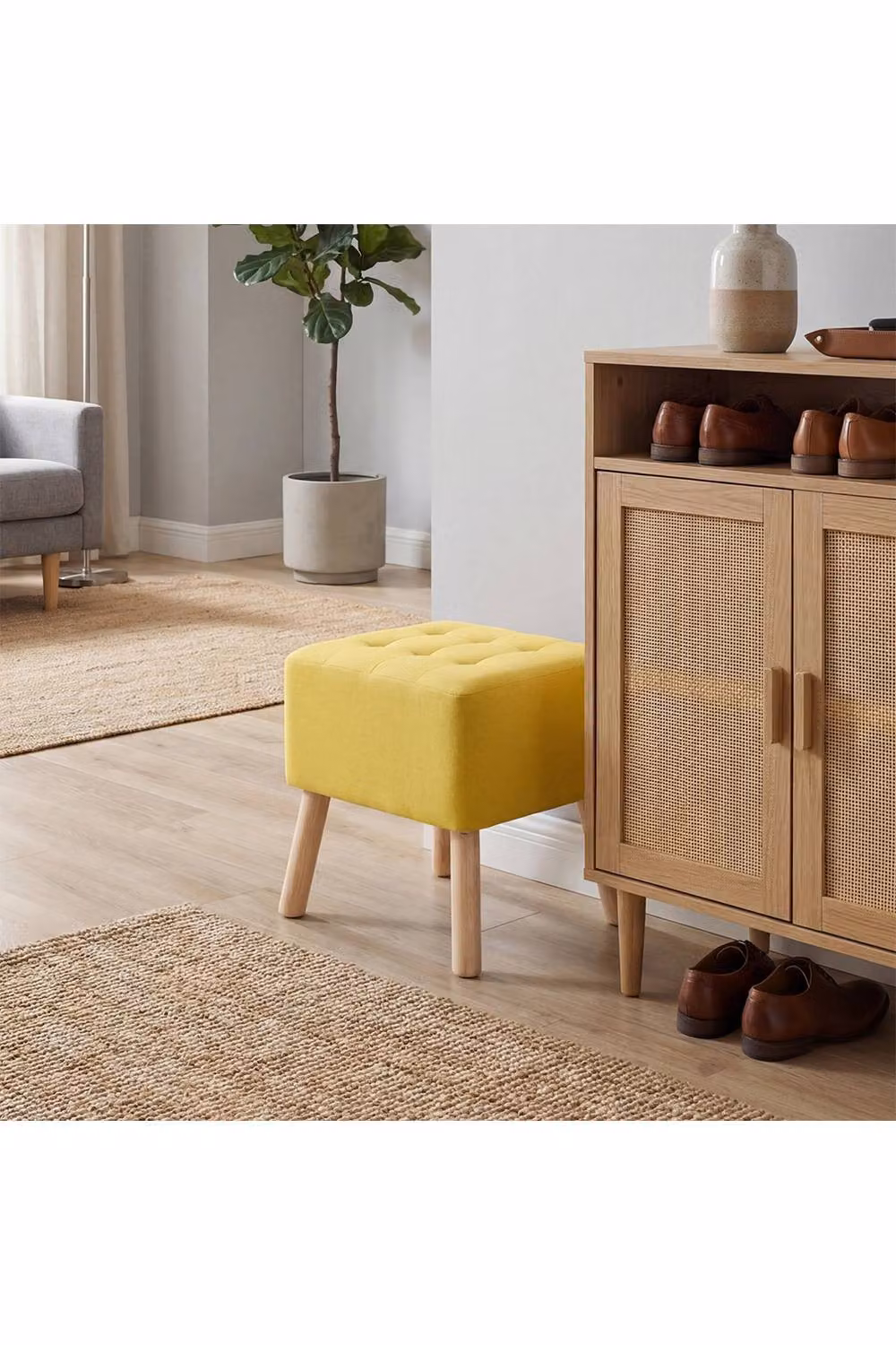 Living and Home Yellow Linen Upholstered Cube Footstool – 2