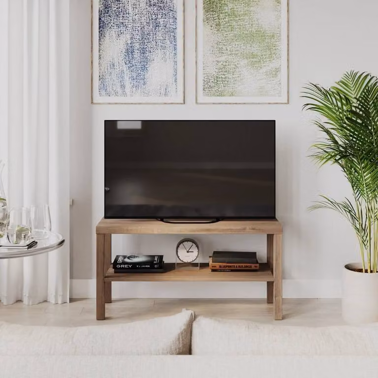 PAWNORA 2 Tier Modern TV Bench Stand in Light Oak