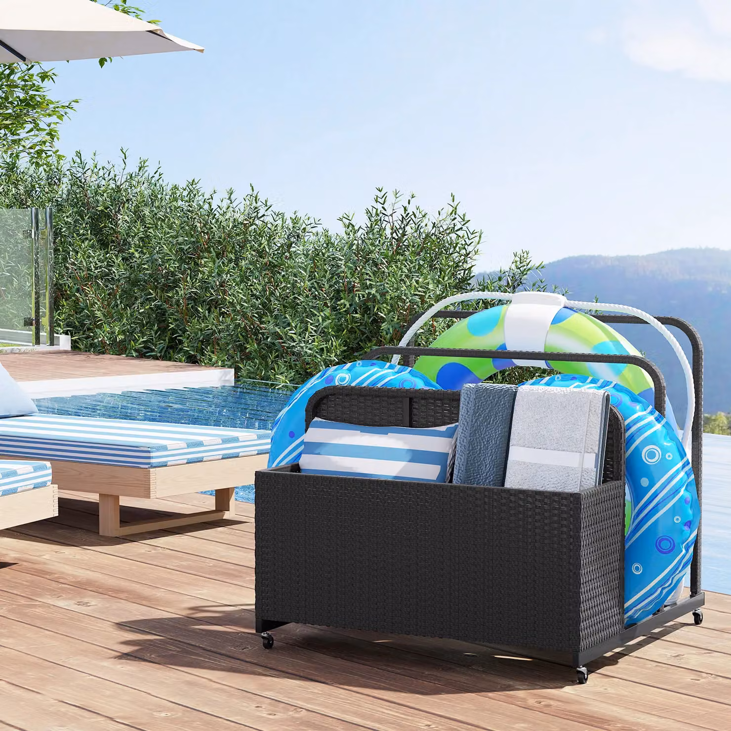 Costway Wicker Patio Pool Float Storage Organizer Caddy Basket in Black – 10