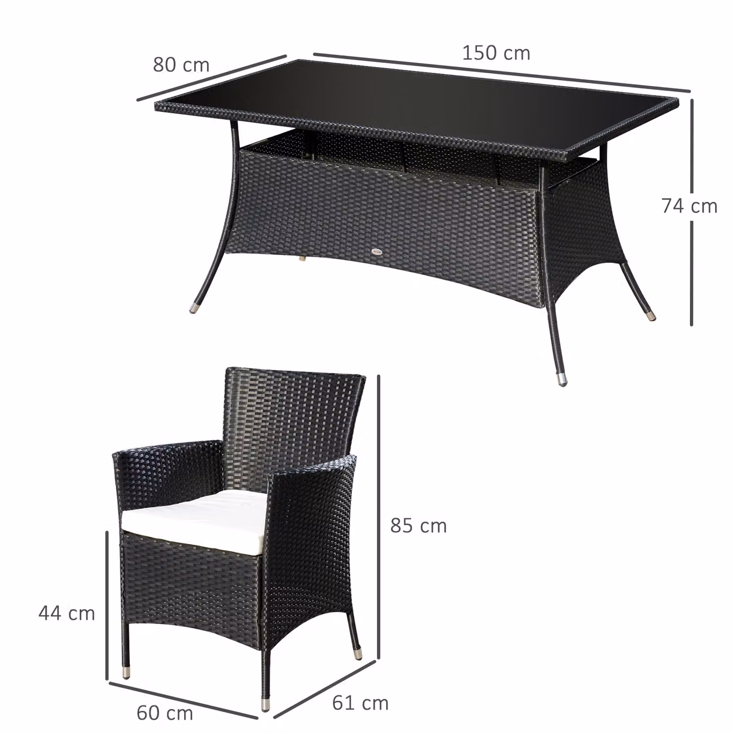 Outsunny 6-Seater Rattan Dining Set with Rectangular Glass Table and Cube Chairs in Black – 3