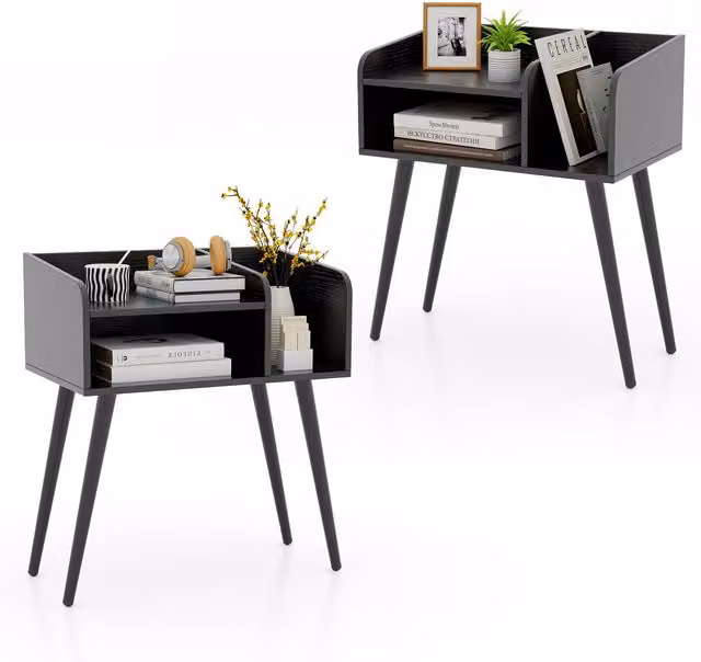 Gymax Set of 2 Modern Black 2-Tier Metal Bedside Nightstands with Open Shelves – 1