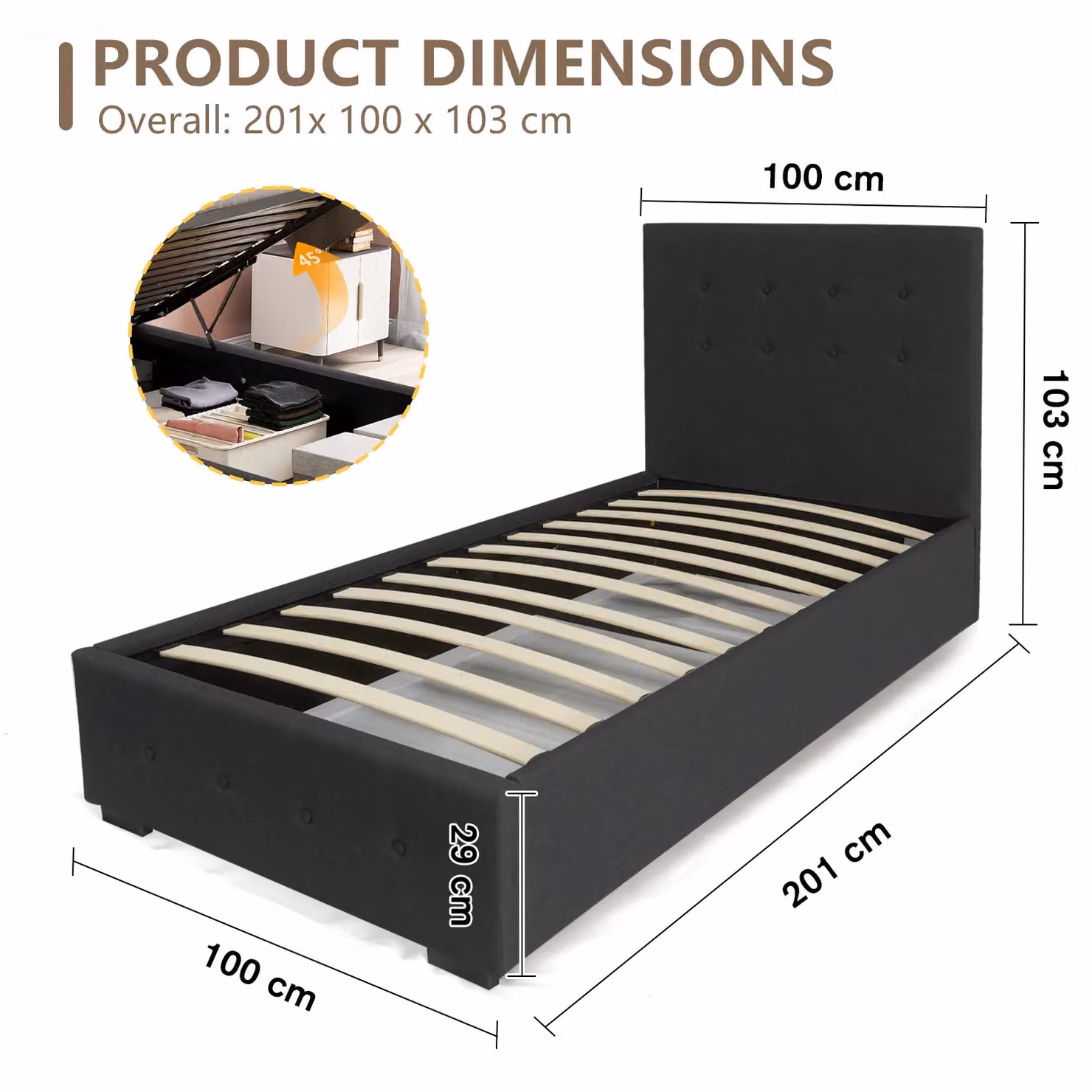 Comfy Living Ltd Black Fabric Upholstered Ottoman Storage Gaslift Bedframe, W: 140 cm, D: 200 cm, H: 103 cm – 5