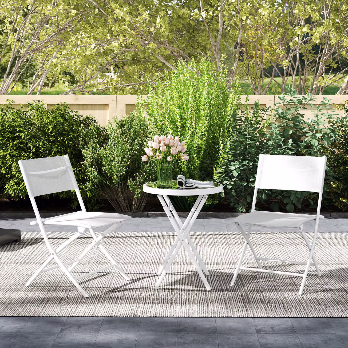 Outsunny 3 Piece Outdoor Bistro Set with Round Glass Top Table and 2 Folding Chairs in White – 5