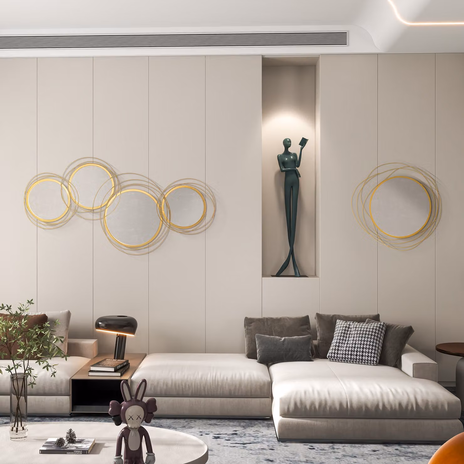 HOMCOM Modern Geometric Metal Wall Art and Round Decorative Mirror in Gold – 2