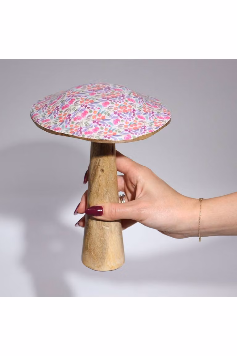 KDMD Large Multicolour Wooden Mushroom with Pastel Hearts Tabletop Decor