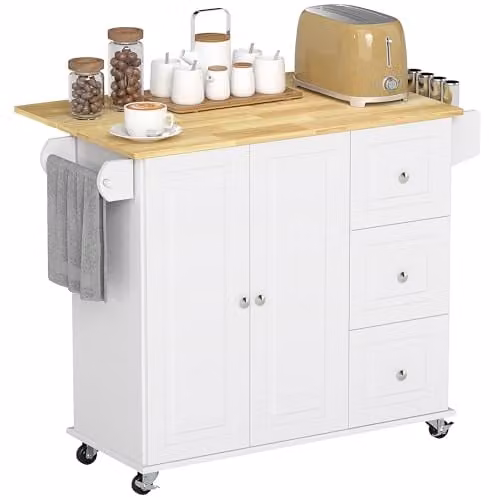 HOMCOM Kitchen Island with Drop Leaf and 3 Drawers, White with Rubberwood Top, W/D/H: 115 x 40 x 91.5 cm – 1