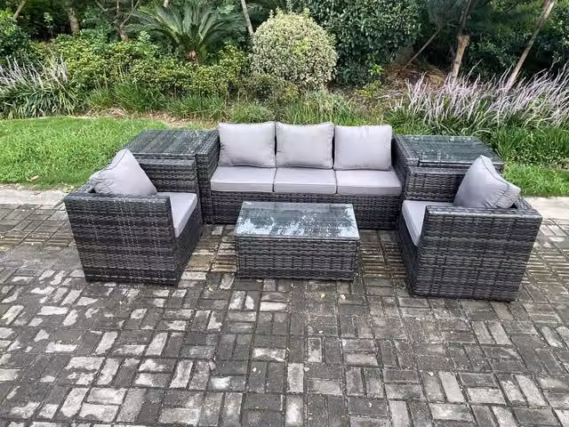 Fimous Rattan Garden Furniture Set in Dark Grey with 3 Seater Sofa, Coffee Table and 2 Side Tables