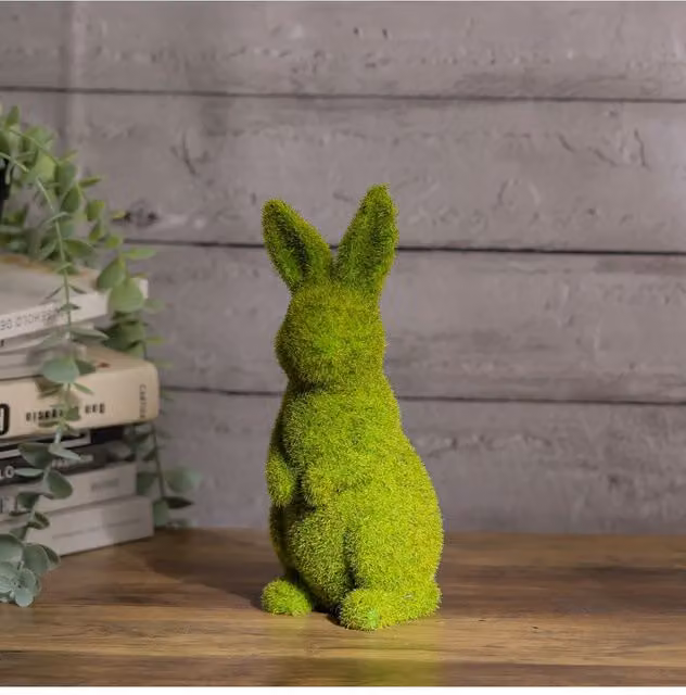 Living and Home Flocked Standing Rabbit Garden Ornament in Green Resin for Outdoor Decor