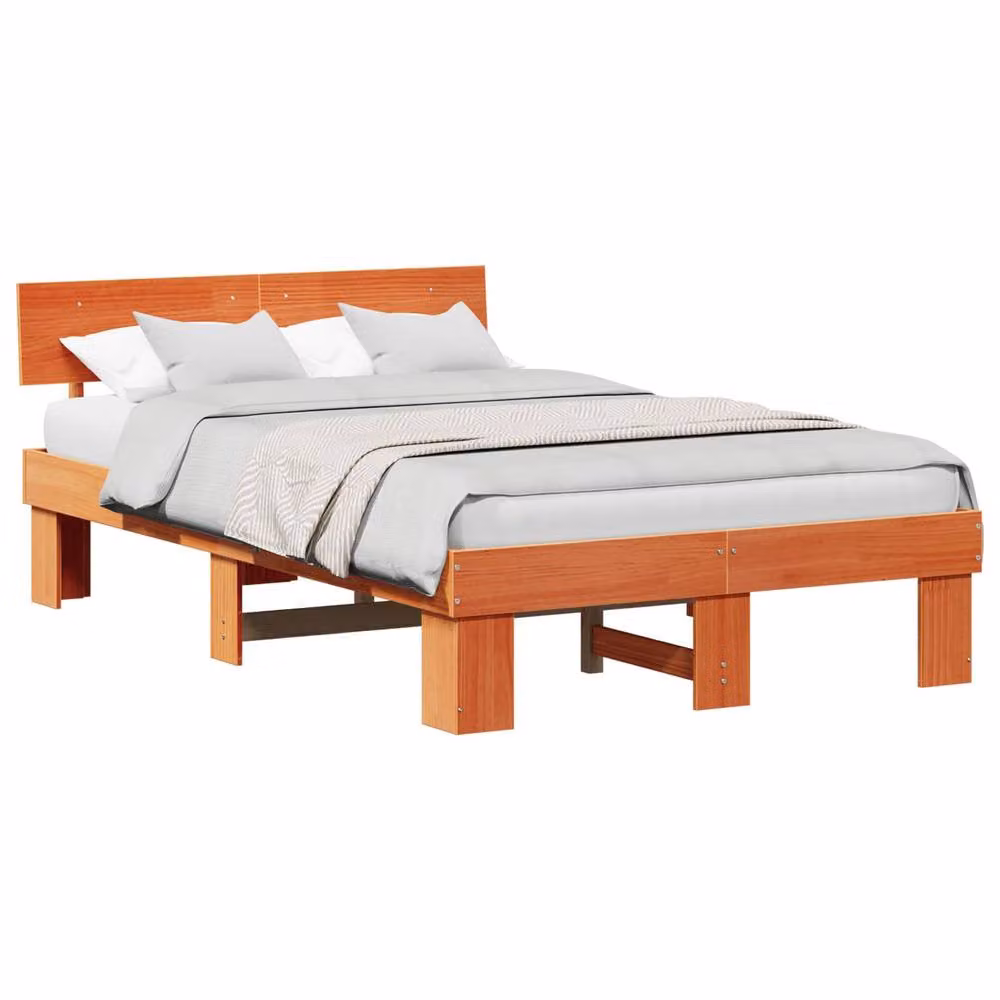 Berkfield Home Solid Pine Wood Bed Frame with Headboard in Wax Brown, W/D/H: 140 x 190 x 73 cm – 2