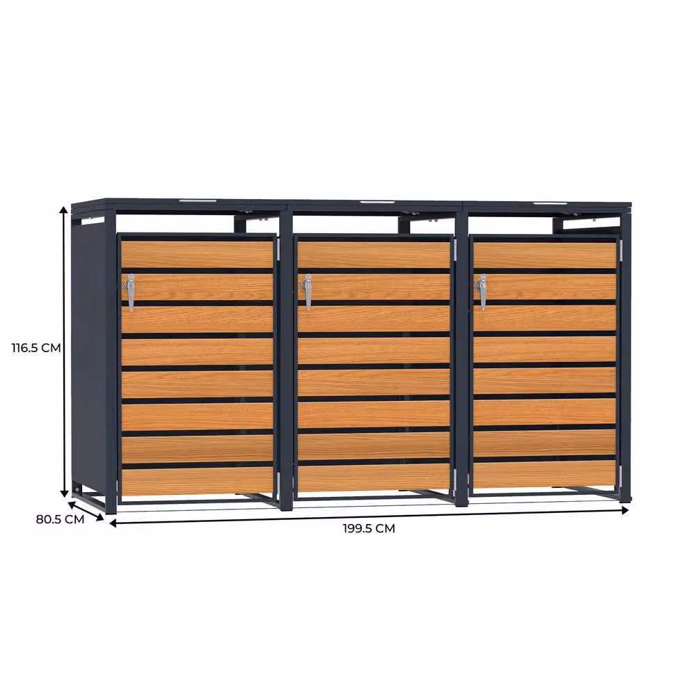 Monstershop Triple Wheelie Bin Metal and Wood Storage in Anthracite and Grey – 2