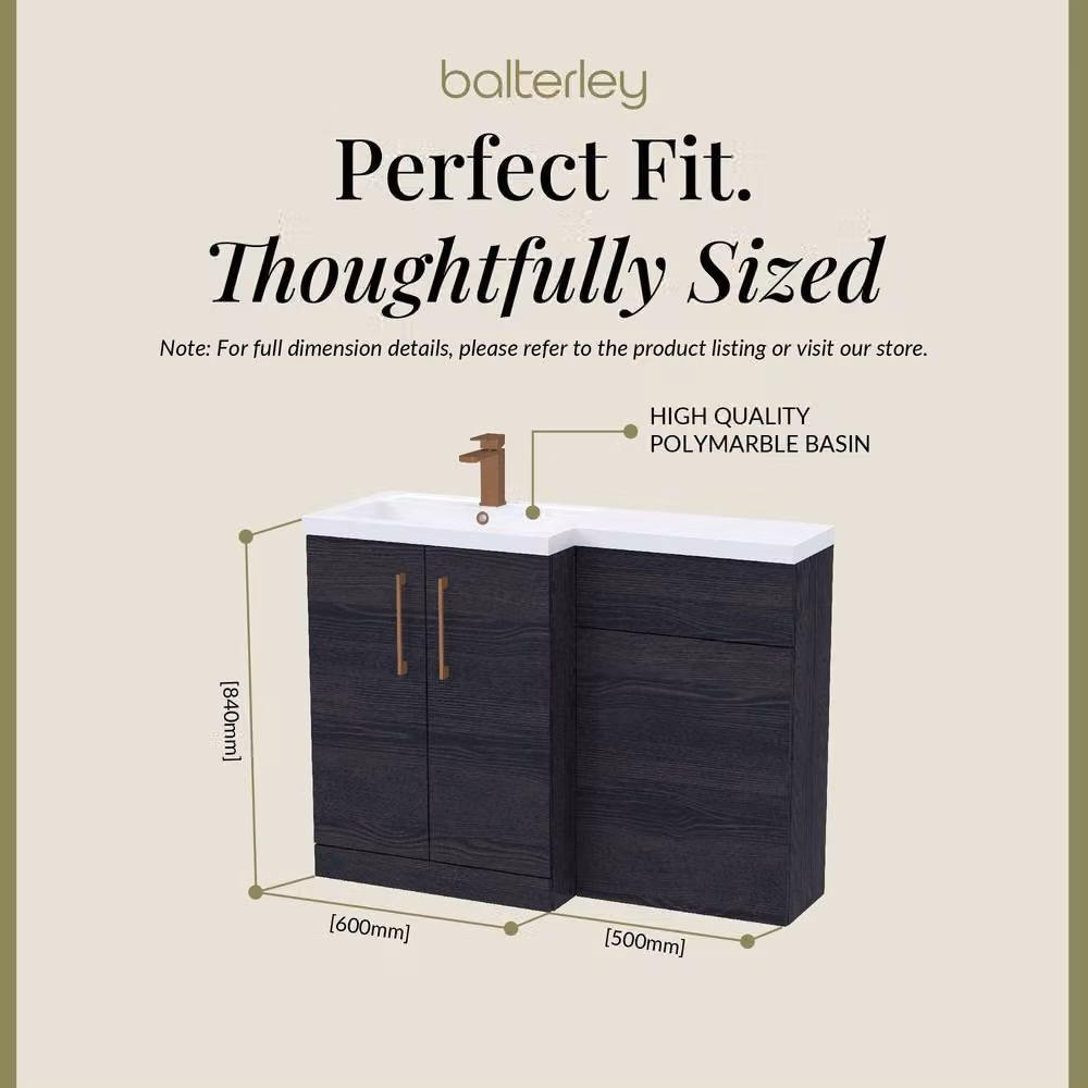 Balterley Modern Matt Black Woodgrain Left-Hand Vanity and WC Unit Combination, W: 110 cm, H: 84 cm – 4