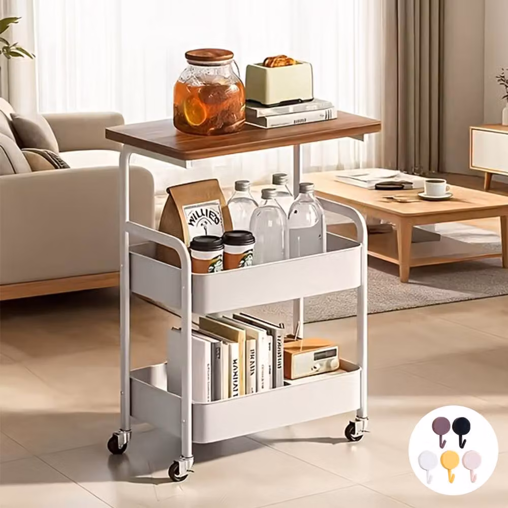 Ventryn Mobile Storage Cart with Wooden Desktop and Metal Frame in White – 4