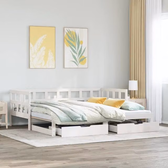 Berkfield Home White Rustic Pine Solid Wood Daybed with Trundle and Drawers, W/D/H: 90 x 200 cm – 1