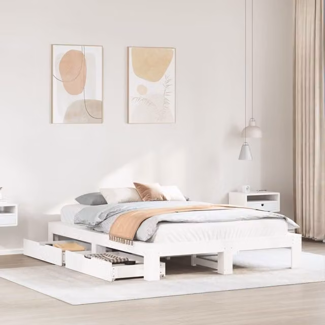 Berkfield Home White Solid Wood Pine Bed Frame with Drawers W/D/H: 160 x 200 cm