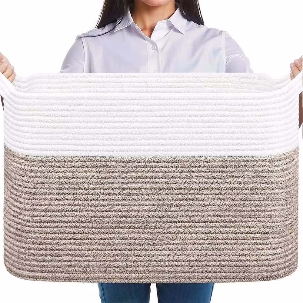 VOGREX White and Brown Cotton Rope Storage Basket for Toys and Blankets, W/D/H: 38.0 x 30.0 x 55.0 cm – 3