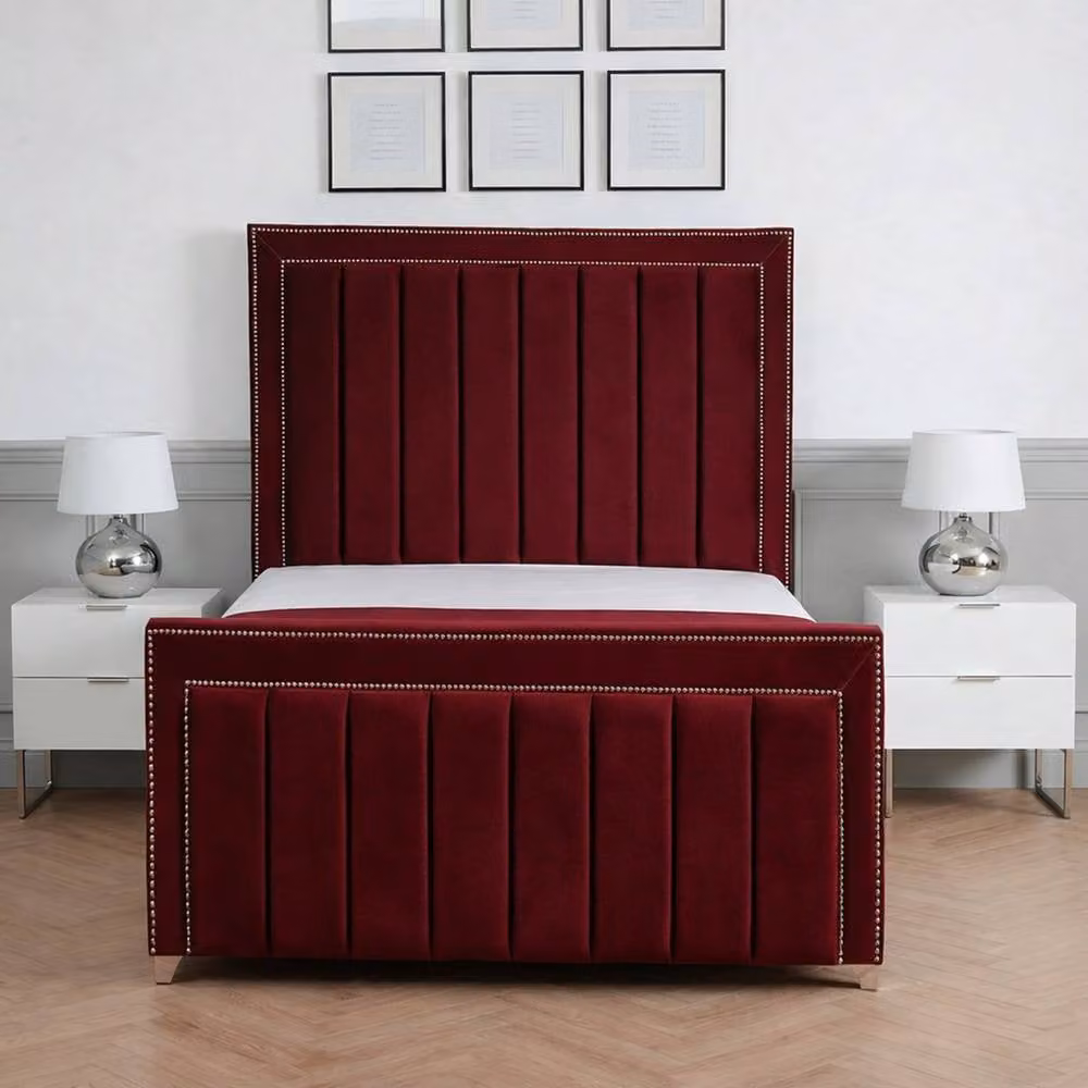 Living Comfort Bedz Royale Plush Velvet Upholstered King Size Bed with Slatted Base and 48 Inch Headboard in Maroon – 2
