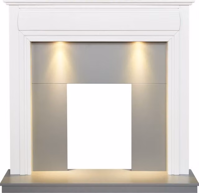 Adam Fires & Fireplaces Honley Wall Mounted Fireplace in White and Grey with Downlights, W: 121.92 cm, H: 117.0 cm, D: 38.0 cm