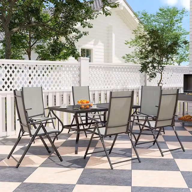 Outsunny Seven-Piece Garden Dining Set with Rectangular Metal Top Table and Six Folding Chairs in Khaki