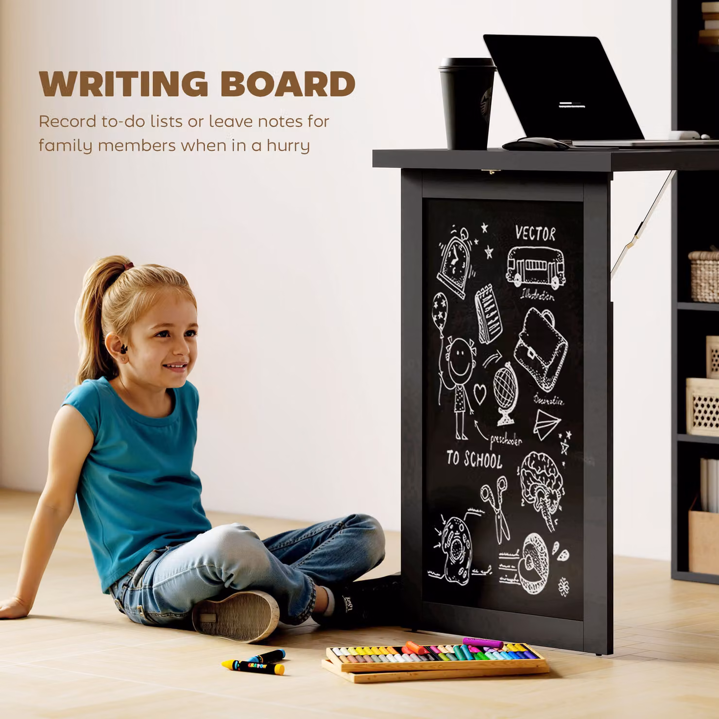 HOMCOM Three-Part Modern Computer Desk with Storage and Chalkboard, Black – 6