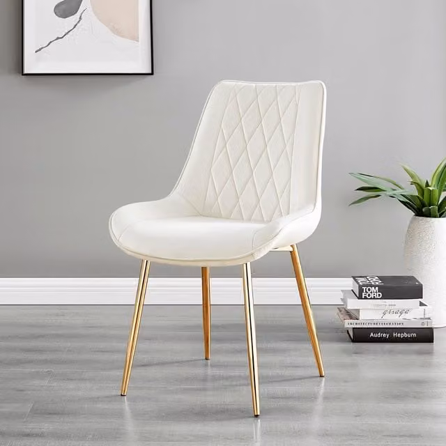 FurnitureboxUK Novara Gold Round Glass Dining Table and 4 Pesaro Gold Leg Chairs in Cream and Beige