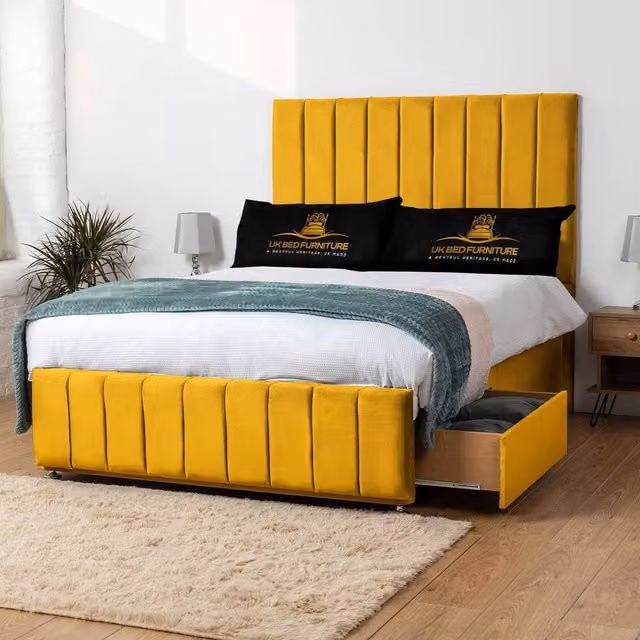 UK Bed Furniture Falcon Divan Bed with 2 Drawers and 26 Inch Headboard, Yellow Velvet, Super King, W/D/H: 200 x 200 cm