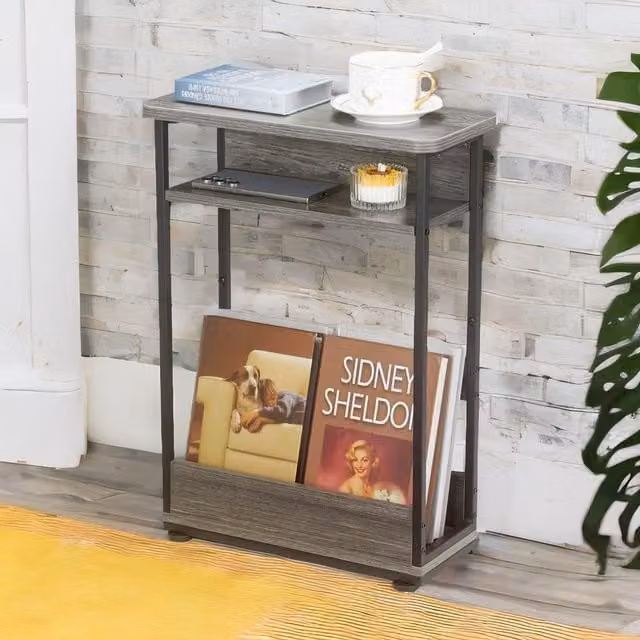 FURNOS Industrial Rustic 3 Tier Side Table with Magazine Rack in Grey and Black – 1