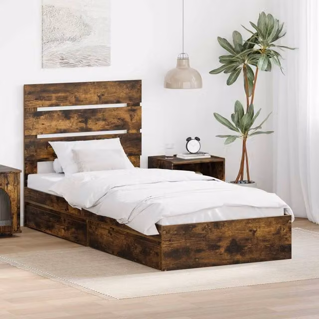Berkfield Home Smoked Oak Storage Bed with Drawer, Brown, W/D/H: 90 x 190 cm