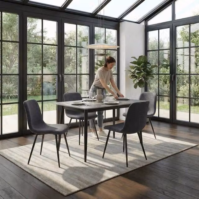 FWStyle Evie Set of 4 Grey Fabric Dining Chairs with Black Metal Legs