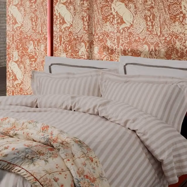 Sanderson Giles Deacon Regency Aperigon Double Duvet Cover and Pillowcase Set, Alabaster Cotton Mako Satin Striped