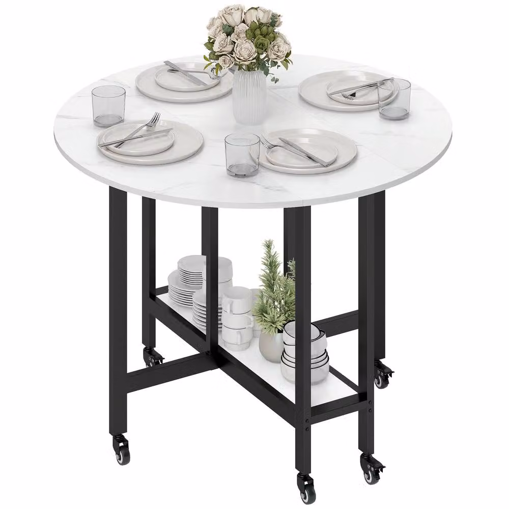 STILVORA White Folding Dining Table with Drop Leaf and Lockable Castors – 4