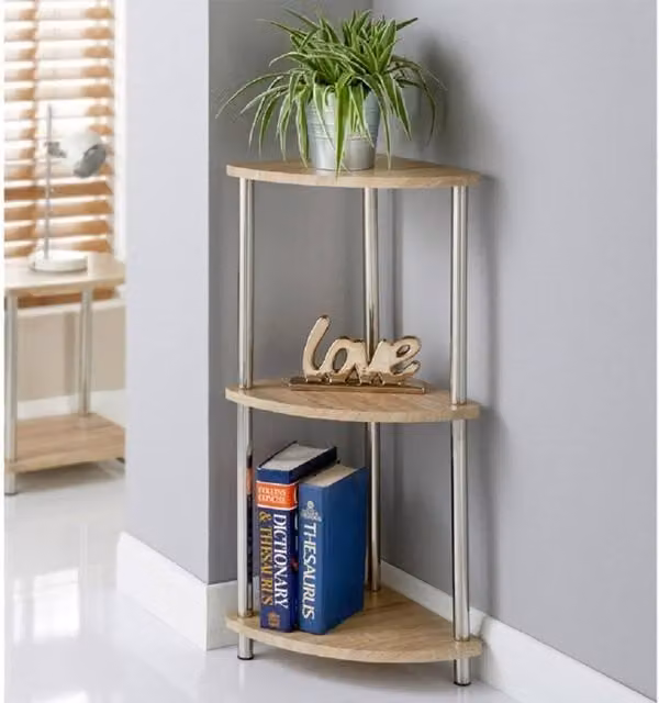 SPOT ON DEALZ 3 Tier Corner Shelving Unit in Light Oak with Stainless Steel Legs – 1