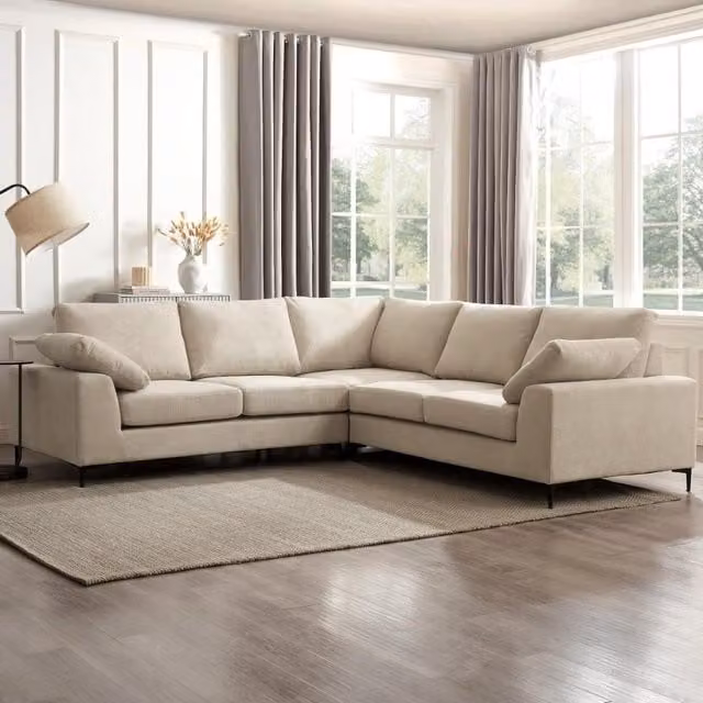 Nora L-Shape Corner Sofa in Beige Linen, Width: 266 cm
