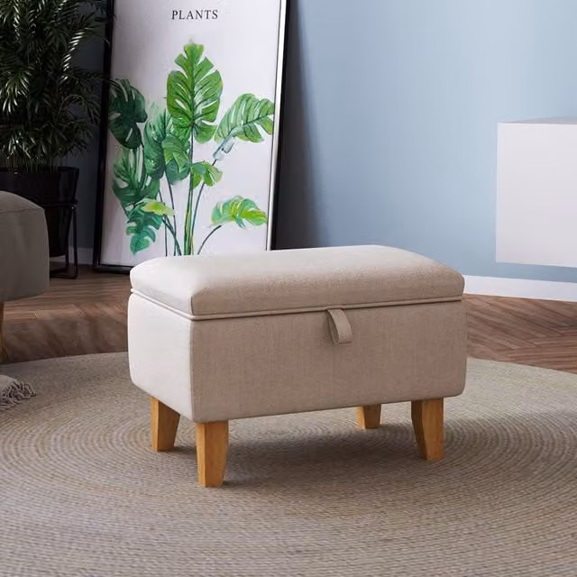 Livingandhome Beige Fabric Upholstered Storage Ottoman Footstool