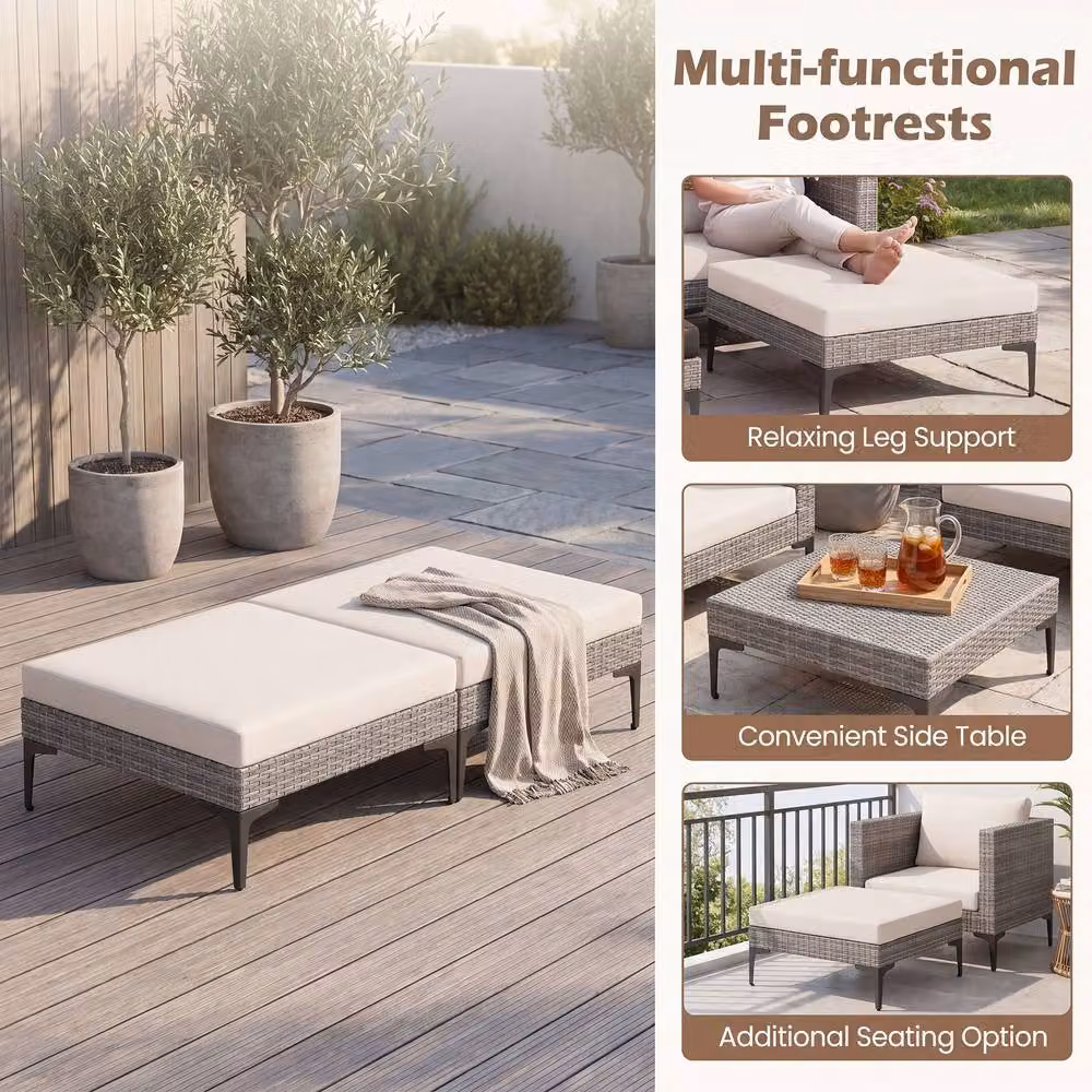 Costway 5-Piece Grey Polyrattan Patio Conversation Set with Upholstered Cushions and Side Table – 3